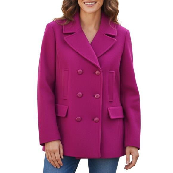 NEW Talbots Wool Blend Double Breasted Pea Coat Hot Pink Size 12 - Picture 1 of 12